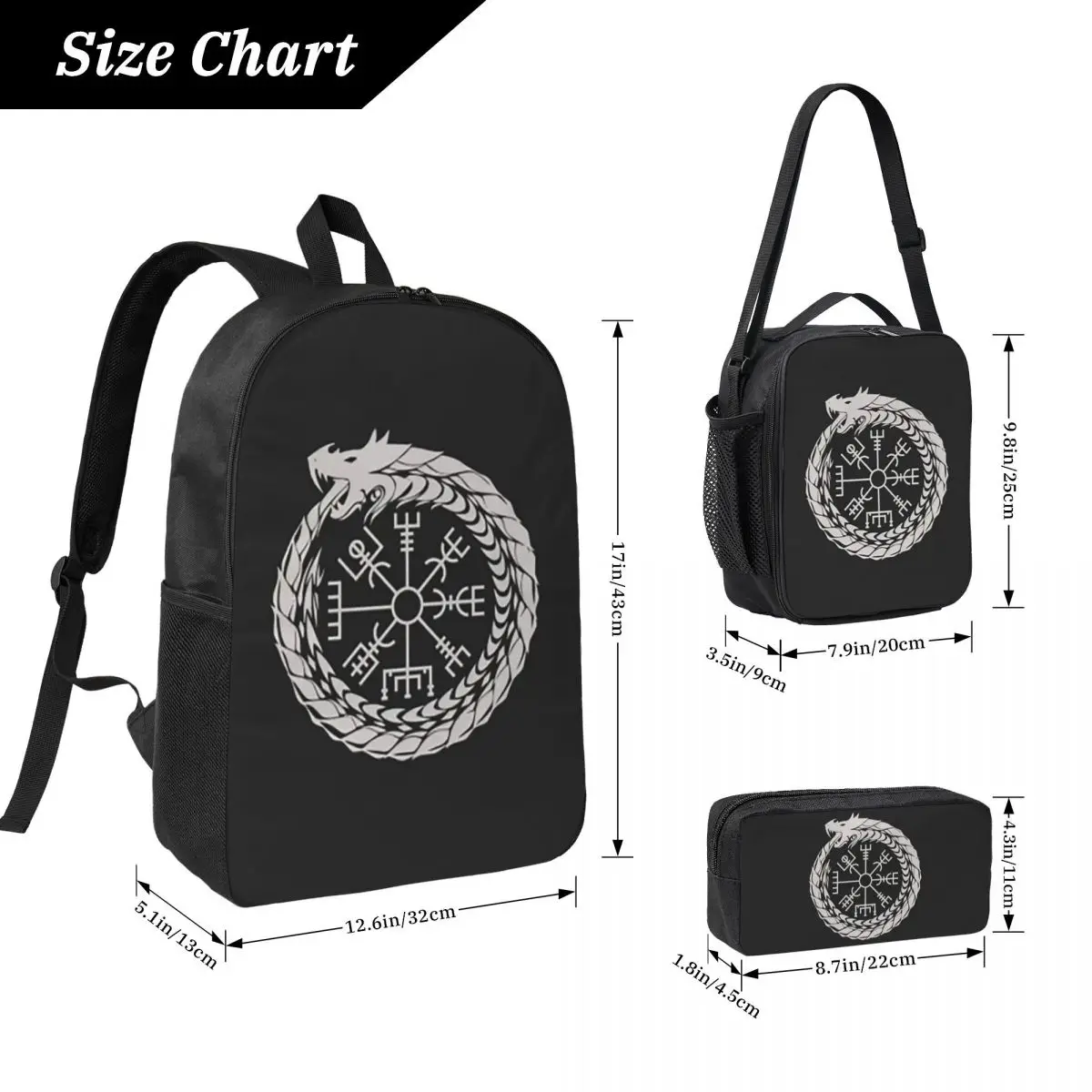 Viking Odin Valknut Runes Backpack Student BookBag School Bag Computer Shoulder Bags 3ps Insulated Lunch Bag Pencil Case
