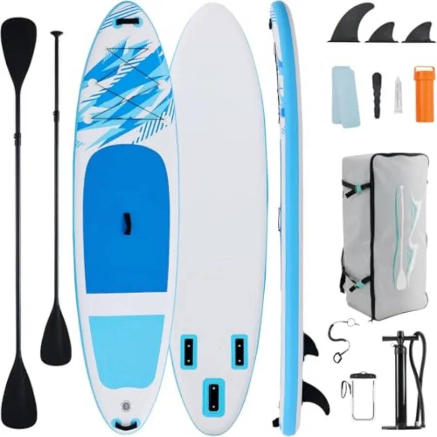 

Inflatable Stand Up Paddle Board for lakes and oceans - PVC drop-stitch construction blue/gray ultra-portable with pump paddle