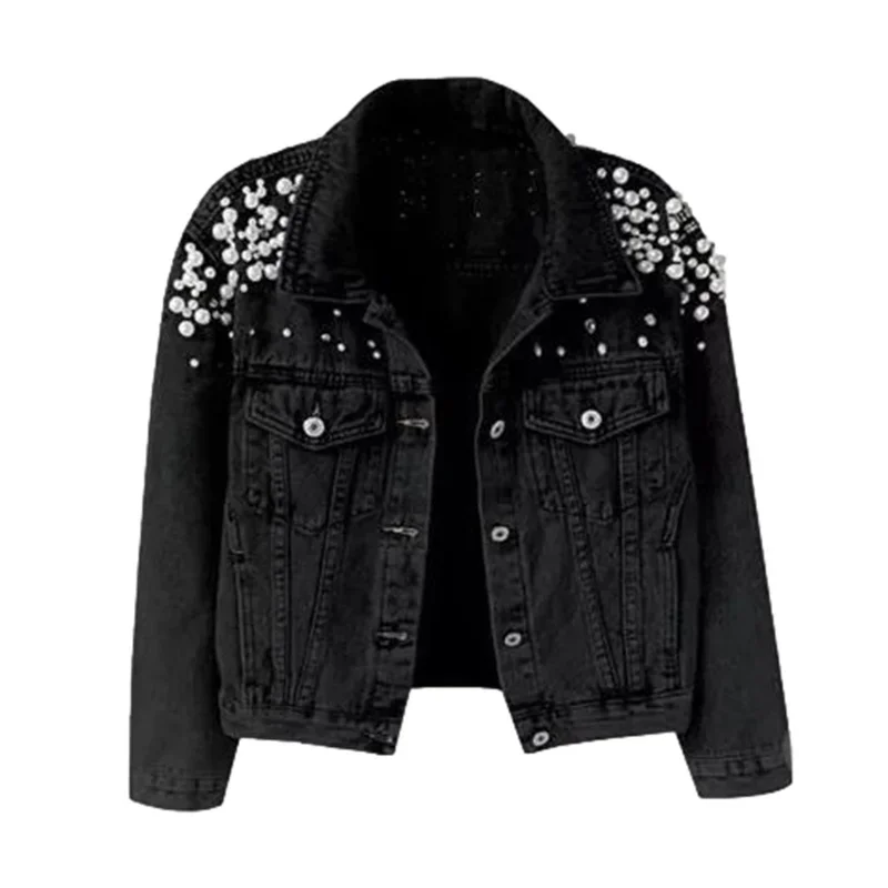 Women Fashion Beaded Decoration Jacket Spring Autumn Casual Commuter Denim Coat Female Lapel Single-breasted Cardigan Outerwear