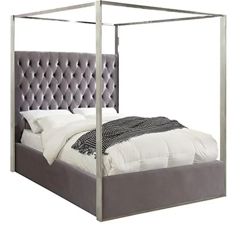 

Modern Grey Velvet Canopy Bed King Size Deep Tufting Chrome Finish 850lb Capacity