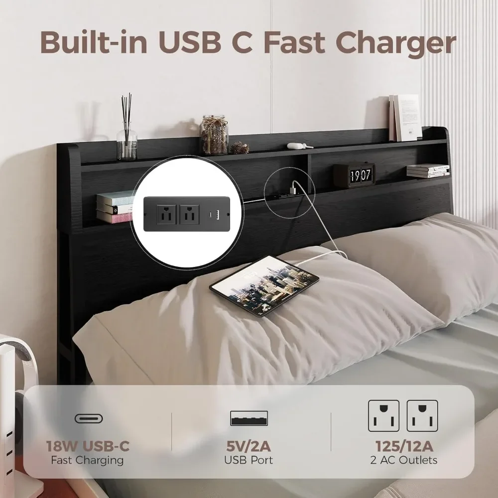 Estructura de cama con cabecera de almacenamiento y 4 cajones, estructura de cama con plataforma de metal con estación de carga USB, sin ruido, fácil montaje