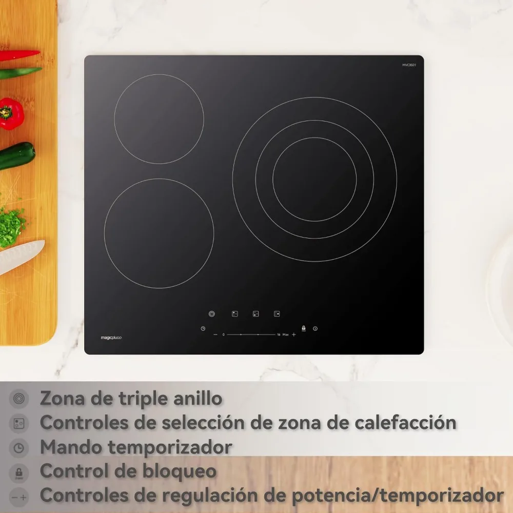 Magicplux Placa Vitrocer Policia 3 Fuegos، 59 سم فيتروسيراميلا دوبل منطقة، 16 نيفليس دي بوتينسيا، يتحكم في Táctiles، Temporizador،