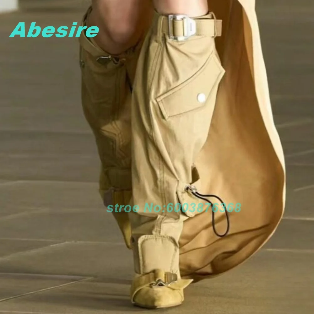 Belt Buckle Patchwork Zipper Knee High Boots Pointed Toe Thin Heels Pocket Button Shoes for Women Street Style Fashion Shoes New