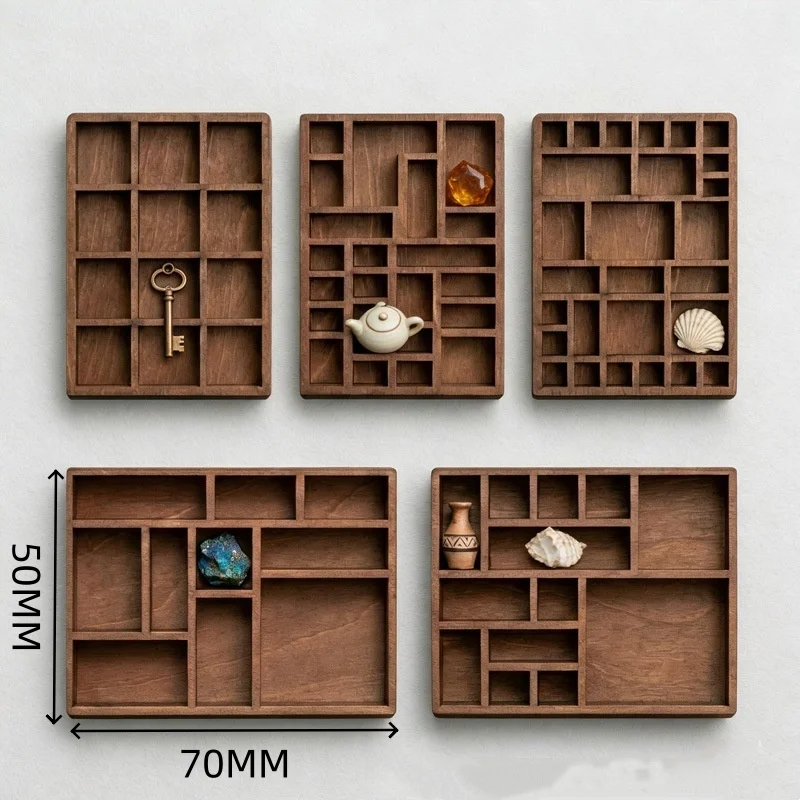 Miniature Crystal Ore Specimen Storage Jewelry Display Tray Retro Wooden Mini Jewelry Holder Multi Compartments Dollhouse Shelf