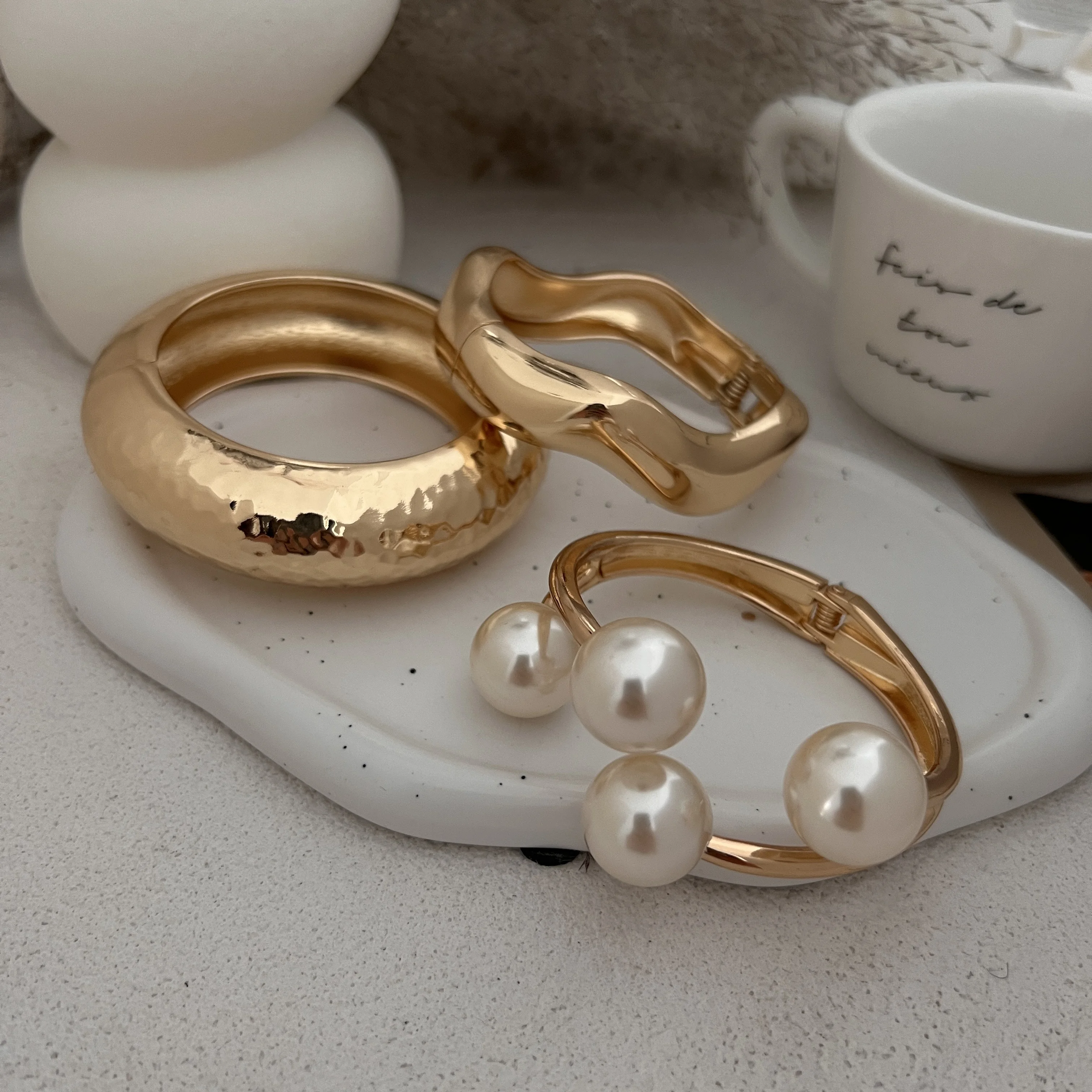 Ingemark 3 Style Creative Big Imitation Pearl Cuff Bracelet Women Trend 2025 Punk Heavy Metal Chunky Spring Bangle Steampunk Men image 6