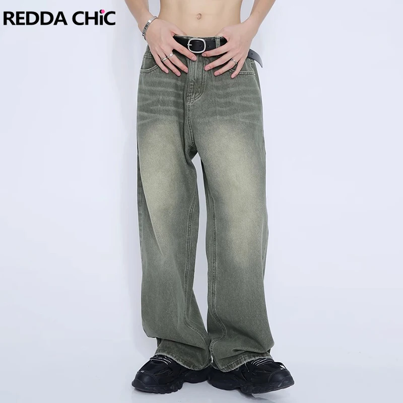 REDDACHIC Vintage Whiskers Distressed Men Baggy Jeans Green Wash Straight High Rise Wide Leg Denim Pants Casual Korean Clothes