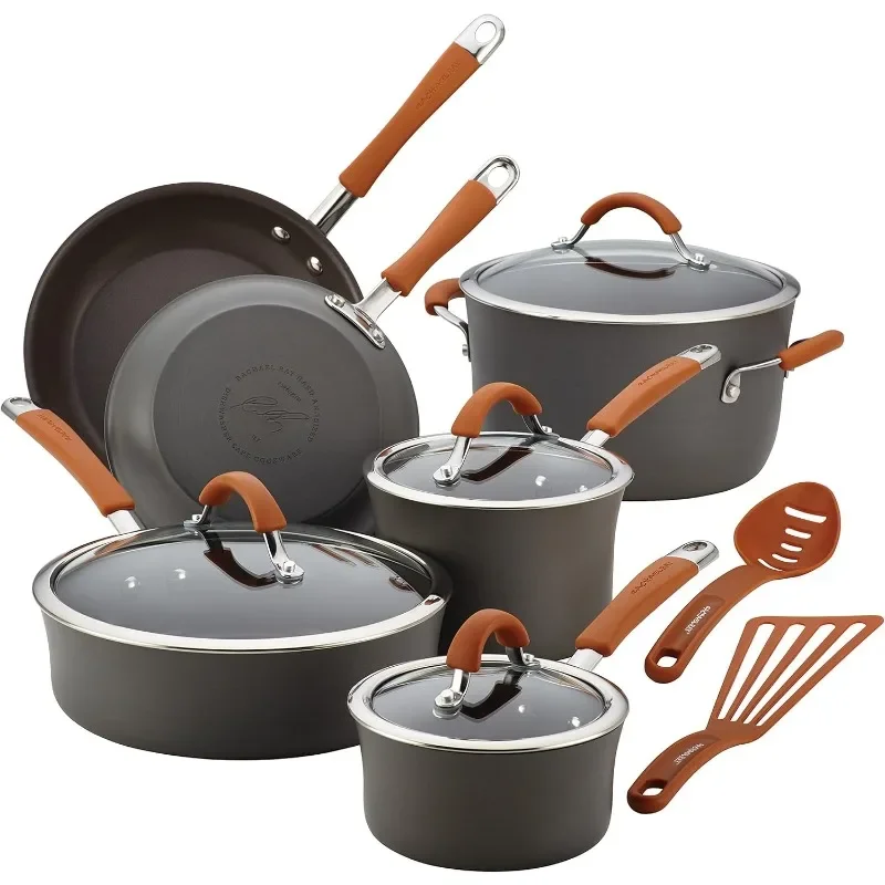 

Rachael Ray Cucina Dishwasher Safe Hard Anodized Nonstick Cookware Pots and Pans Set Gray with Orange Handles