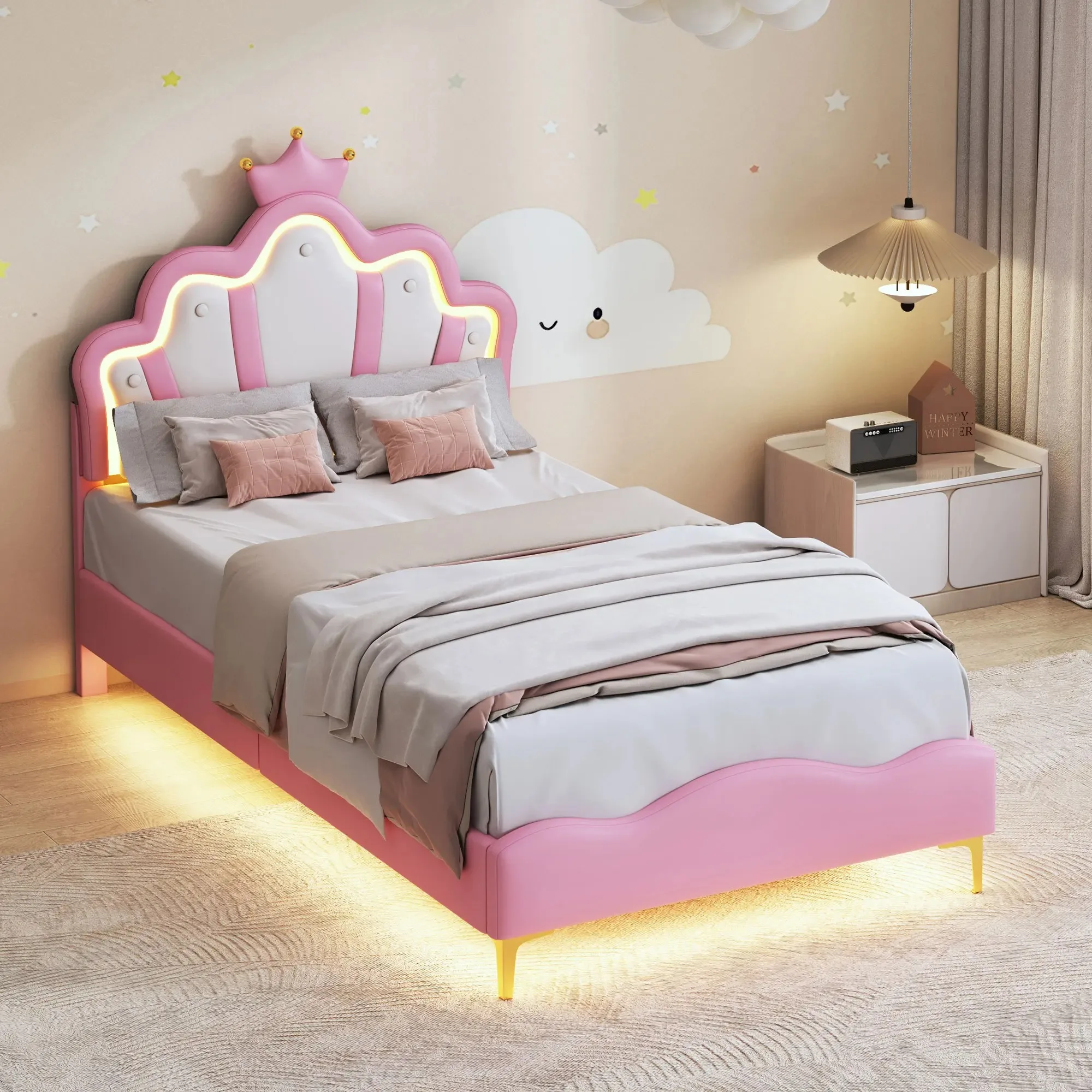 Cama infantil con LED y cajones 90×200cm Cama de princesas Cama con coronas Cama de pétalos Cama para niñas Individual/Doble, PU/Terciopelo, Rosa/Blanco