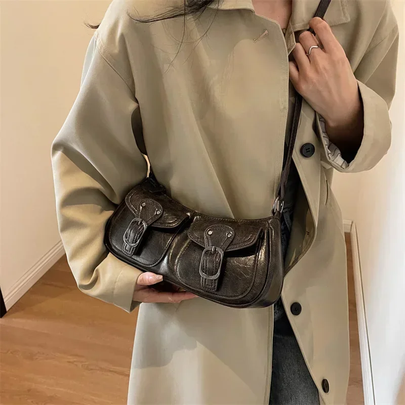 Fashion Double Pockets Design PU Leather Shoulder Bag for Women 2023 Tend Female Crossbody Bag Underarm Bags Handbags bolsa