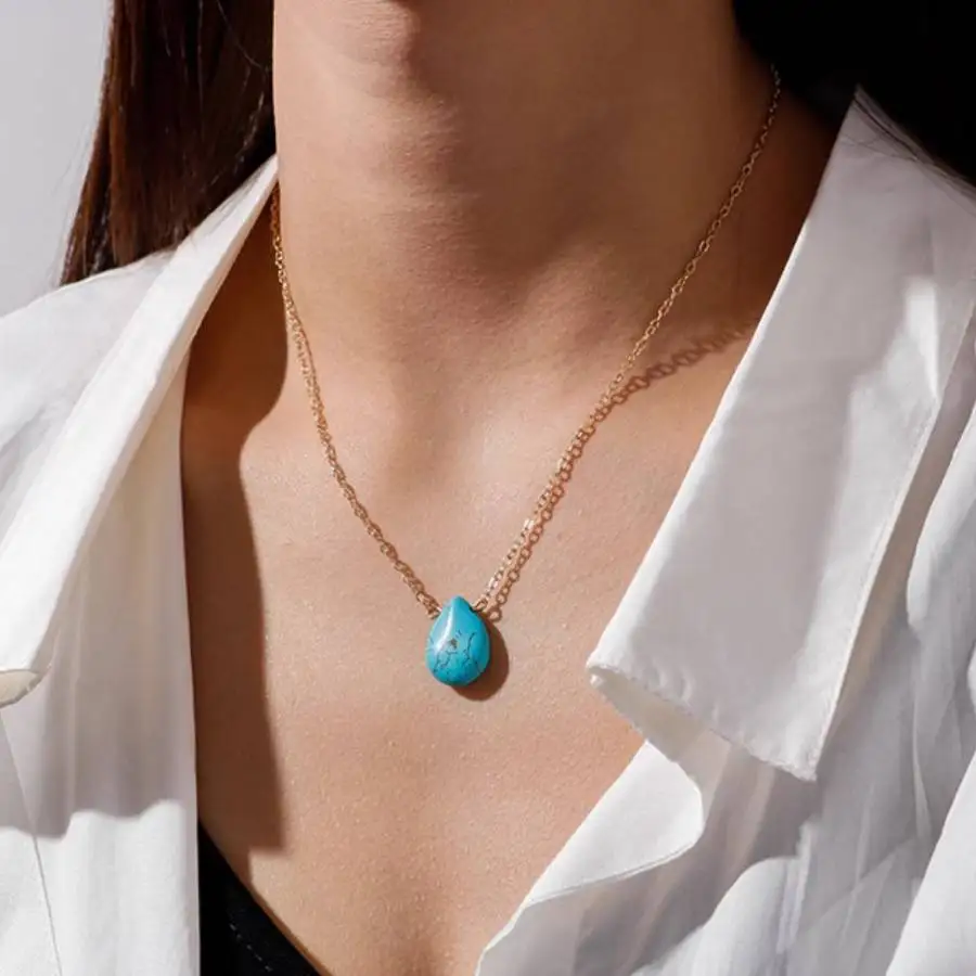 

Handmade Genuine Turquoise Pear Shape Pendant Necklace Gold Tone Chain Fashion Jewelry Gift for Her