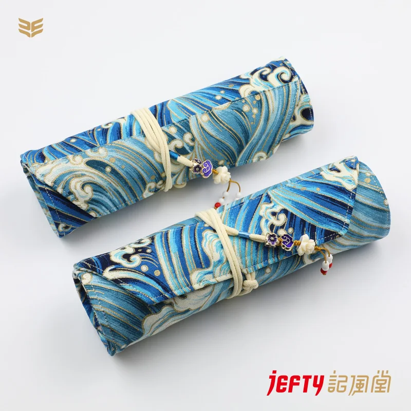 

5+1 Japanese Blue Pen Bag, Suede Multi-pack Pen Storage Bag Roll-up Pencil Bags Roll Pencil Case