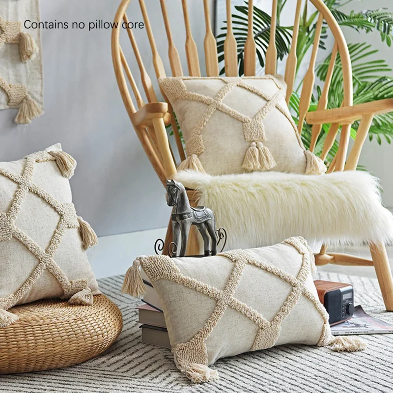 Cotton Cushion Cover Boho Style Tassels Pillow Cover Beige for Home Decoration Neutral Living Room Bedroom A