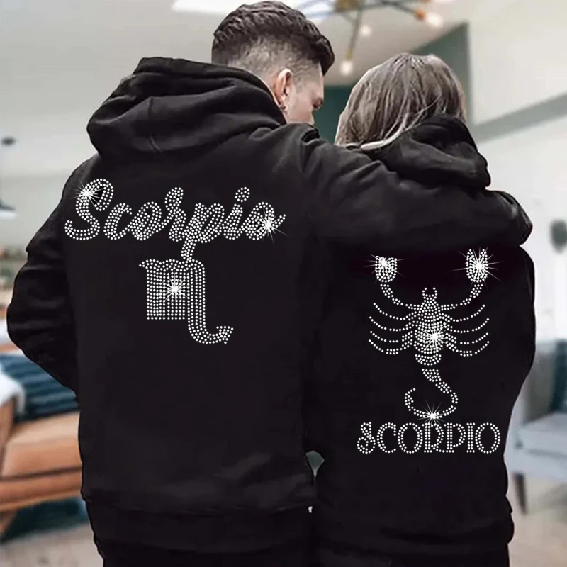 Personality Mens Loose Sweatshirt Hoodies Black Scorpio Rhinestone pocket Hoody Male Casual Tirp Jacket Unisex Pullover Clothing