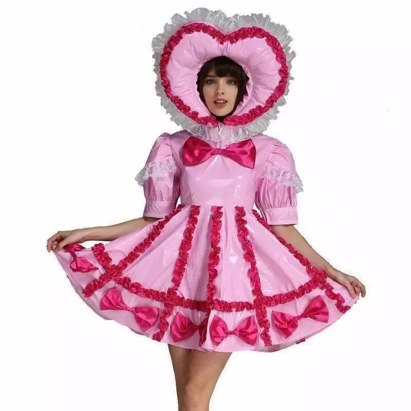 

Sexy adult baby sissy girl pink PVC lockable maid cosplay costume customizable