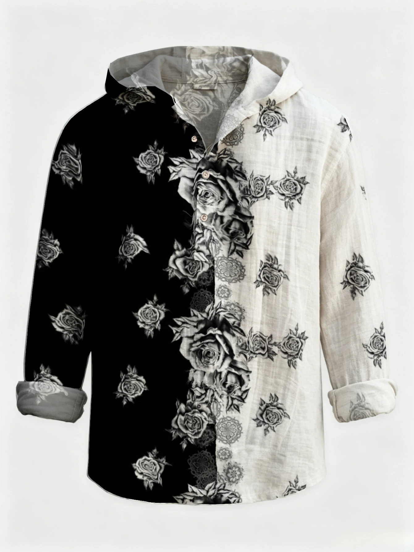 Men Rose Print Color Block Hooded Henley Shirt Long Sleeve Polyester Casual Top