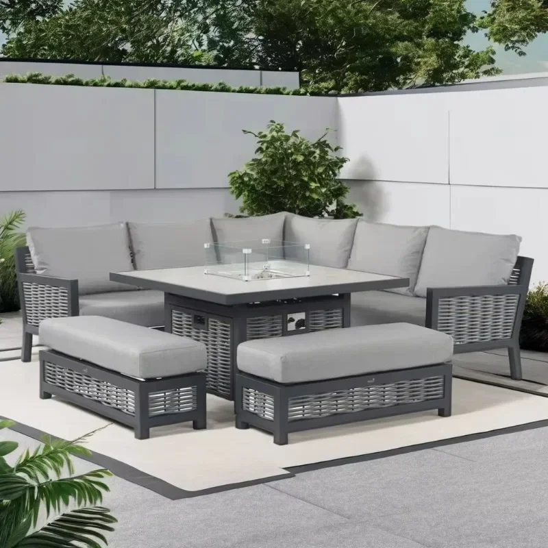 

Premium 4-Piece Outdoor Lounge Set – All-Weather Wicker Sofa with Fire Pit Table