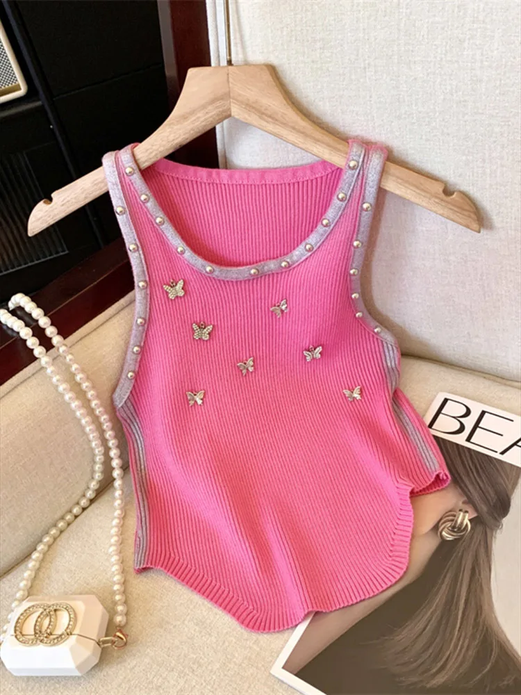 New Fashion Sweet Bowknot Knit Sweater Vest Women\'s Crop Tops 2024 Summer Sleeveless O-neck Knitwear Sexy Pullovers Female