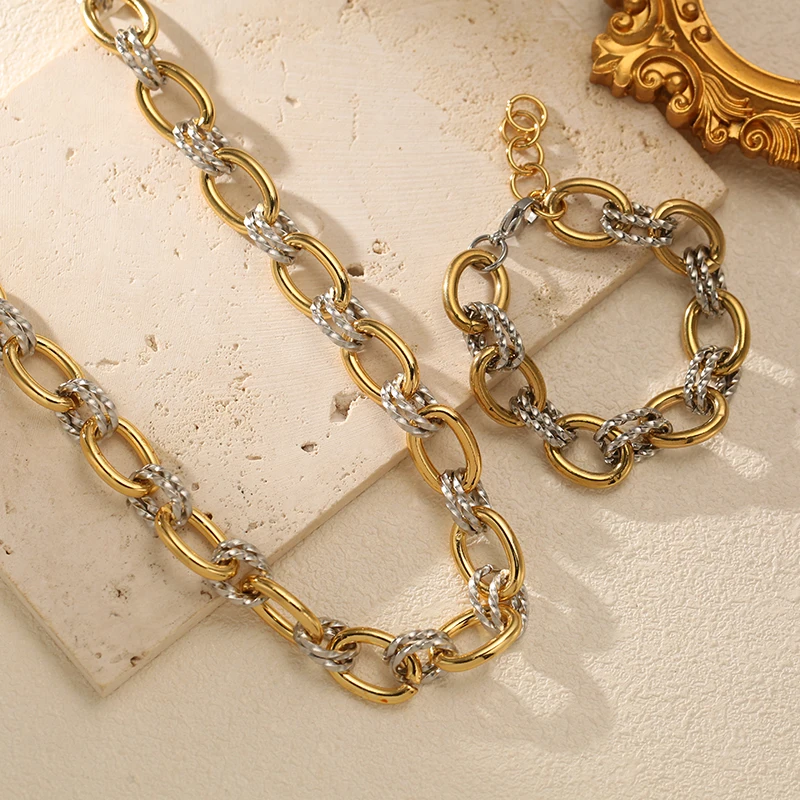 EILIECK 316L Edelstahl Zweifarbiges Ovales Halsketten-Armband-Set für Damen Hip-Hop Punk Twisted Halskette Schmuck Geschenk – Detail 12