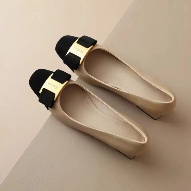 Metal Buckle Bow-knot Flats Summer Round Head Cover Heel Women Shoes Soft Sole Slip On Zapatos Mujer