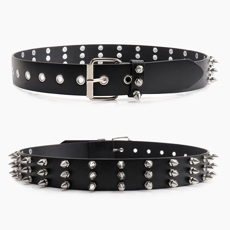 uropean American Fashion Punk-Style Three-Row Pointed Bead Stud Belt Trendy Niche Versatile Belt for Men’s and Women’s Jeans