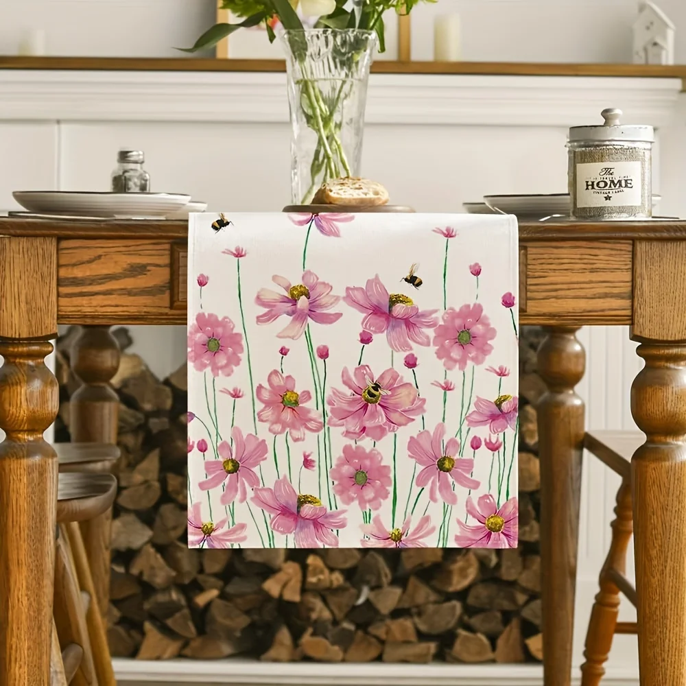 Flowers Daisy Bees Pattern Linen Table Runners Hello Spring Theme Table Runner Seasonal Kitchen Dining Table Wedding Party Decor