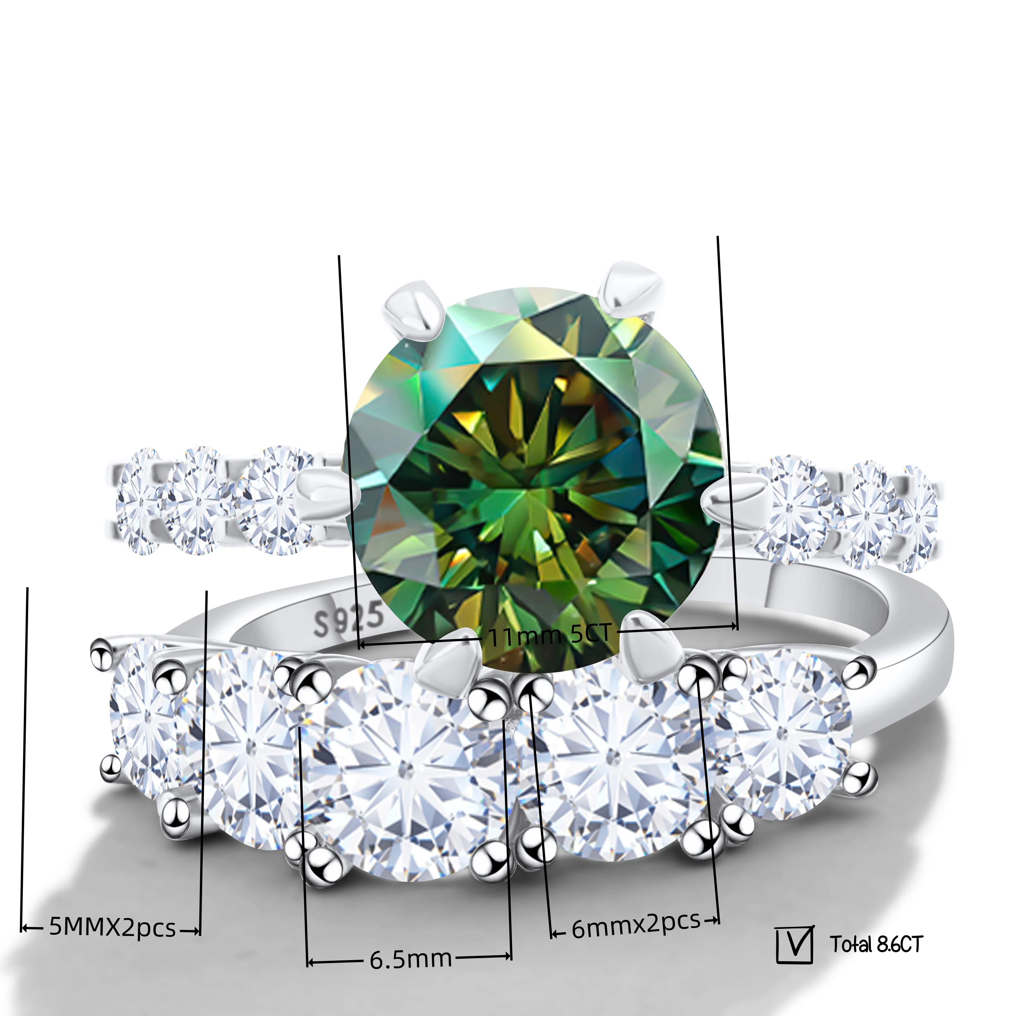 

8.6CTW Luxury Large Moissanite Ring Set for Women Sterling Silver Rings Pass Diamond Tester Super Sparkling dating Gift Set