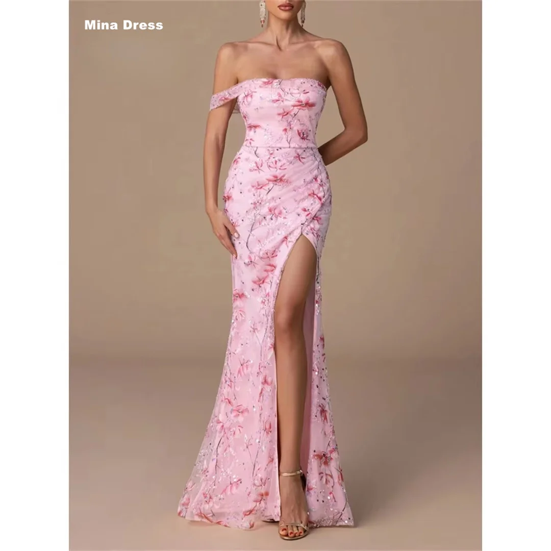

Mina Customized Pink Women's Evening Dresses for Special Occasions Backless Wedding Dress Tube Top Flowers High Slit Sleeveless