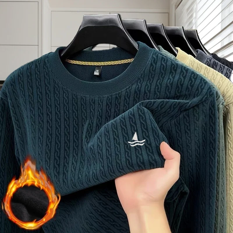 

New autumn and winter men's round neck warm sweater, comfortable windproof casual sports boutique sailboat embroidery pullover