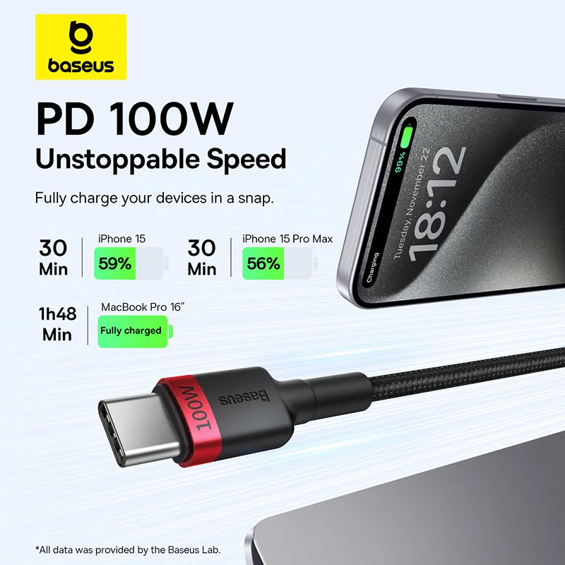 Baseus-Cabo USB C para Tipo C, 100W, cabo de carregador rápido para iPhone 16, 15 Plus, Pro Max, Macbook, 2 peças