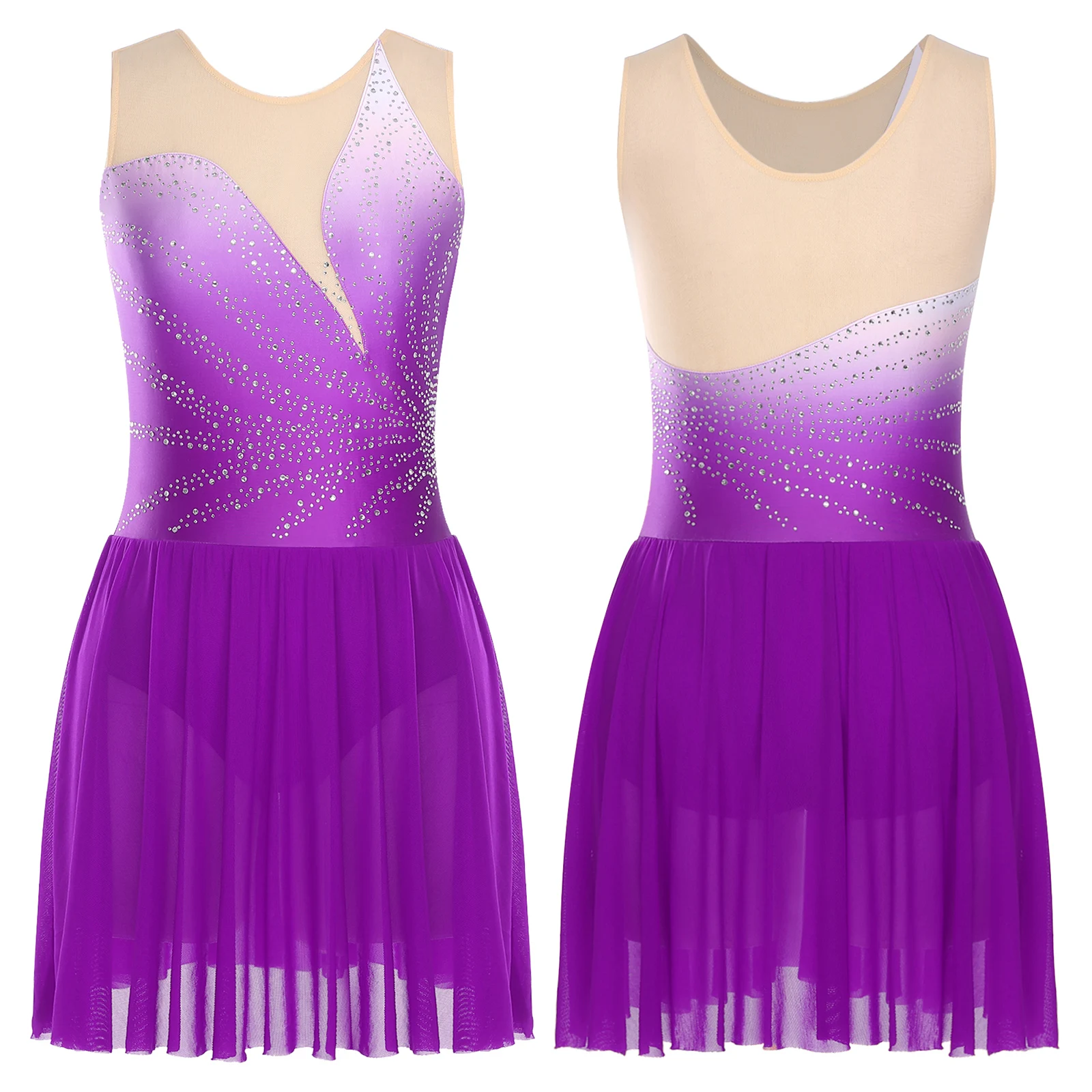 Robe de danse moderne pour femmes, patinage artistique, sans manches, maille dégradée, strass, justaucorps lyrique de Ballet, Costume de compétition