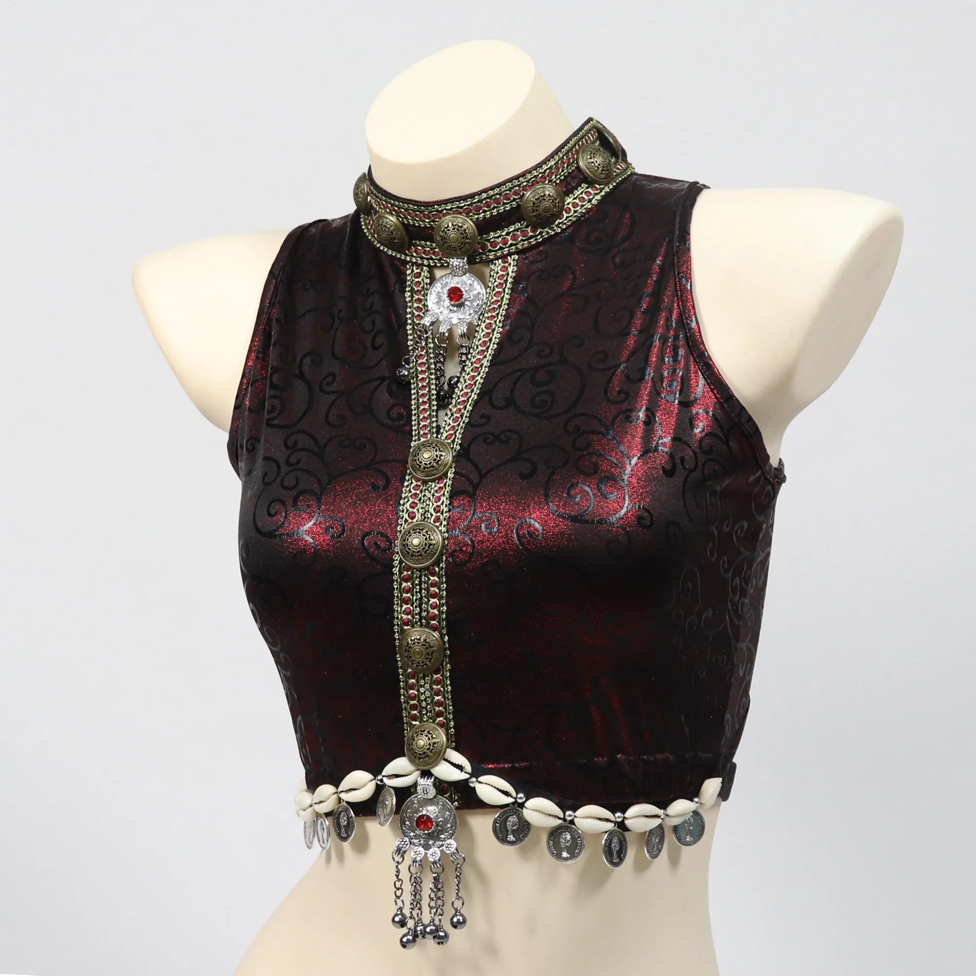 

Tribal Fusion Metallic Costume 3 Pieces Set Bronze Studs Top Belt Pants Belly Dance Outfit