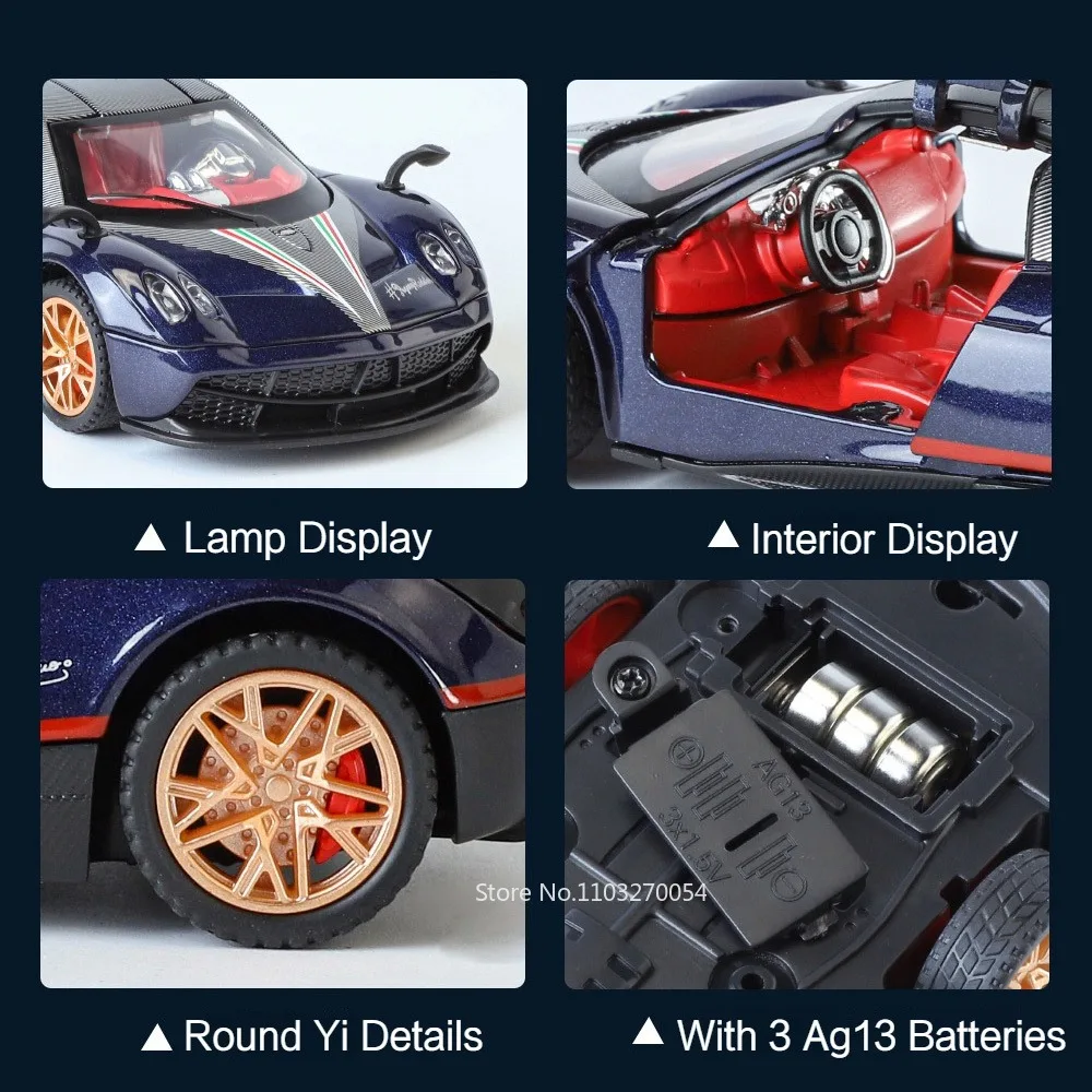 1/32 Pagani Huayra BC Car Model Toys Diecast Alloy Sports Cars Doors Opened Sound Light Pull Back Rubber Tire Toy for Kid Gift