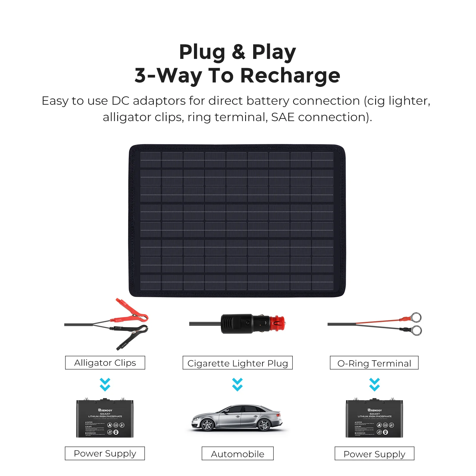 Renogy 10W Solar Trickle Charger Portable Battery Maintainer with Lighter Plug/Alligator Clips/Battery Cables Car Boat Marine