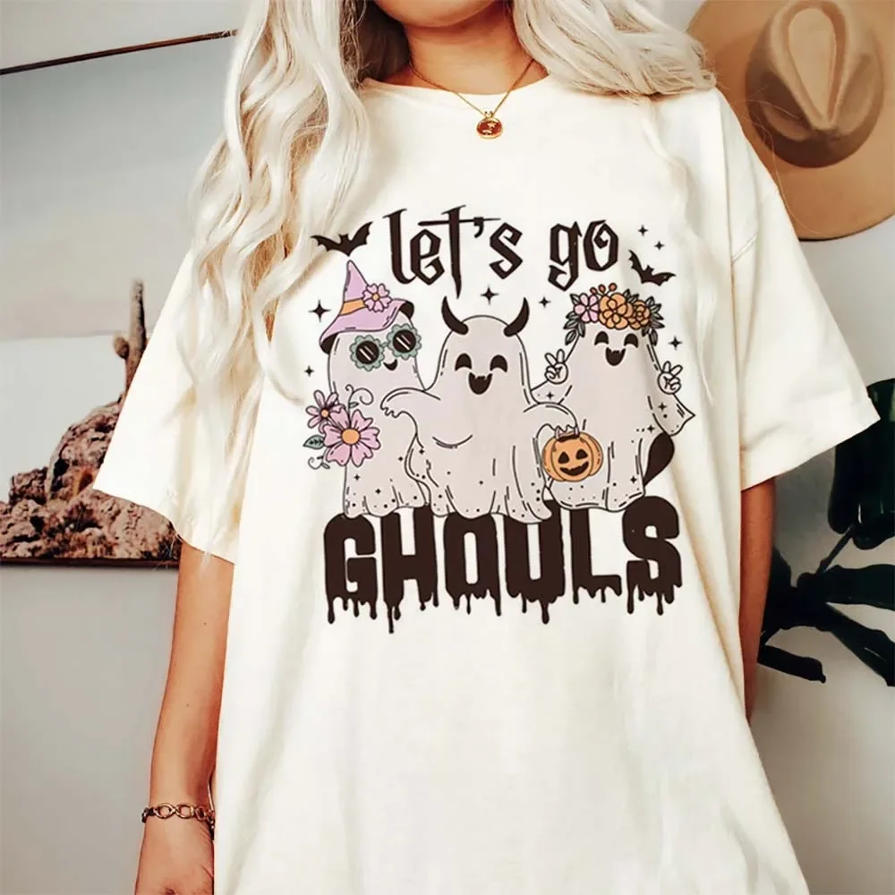 Funny Lets Go Ghouls Floral Ghost Printed Women's Cartoon Pattern O-Neck Fashionable Short Sleeved Top Basic Casual T-Shirt