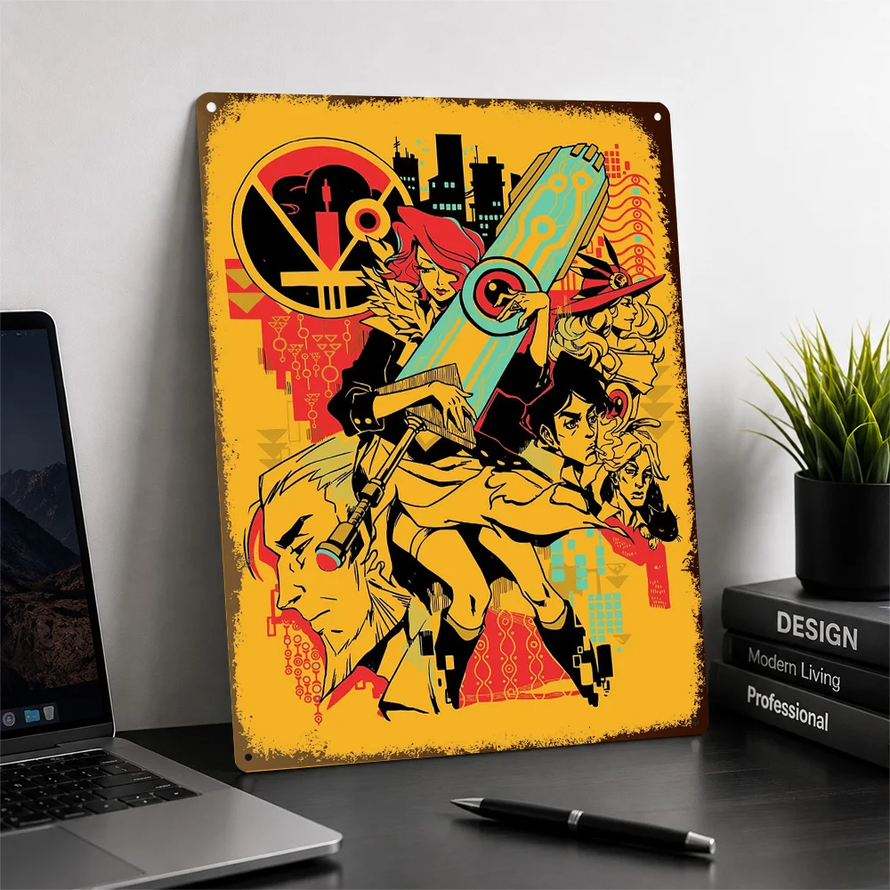 Transistor Red Character Illustration Textured Metal Poster Graphic Wall Art For Gaming Room Personalized Aluminum Sign Gift