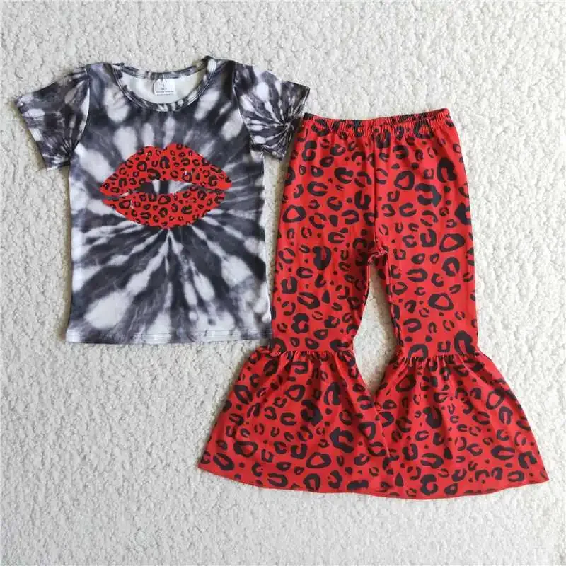 

RTS 2022 Fashion Toddlers Western Baby Girls New Design Hot Red Lip Leopard Print Sleeves Cotton Short Shirt Boutique Outfits
