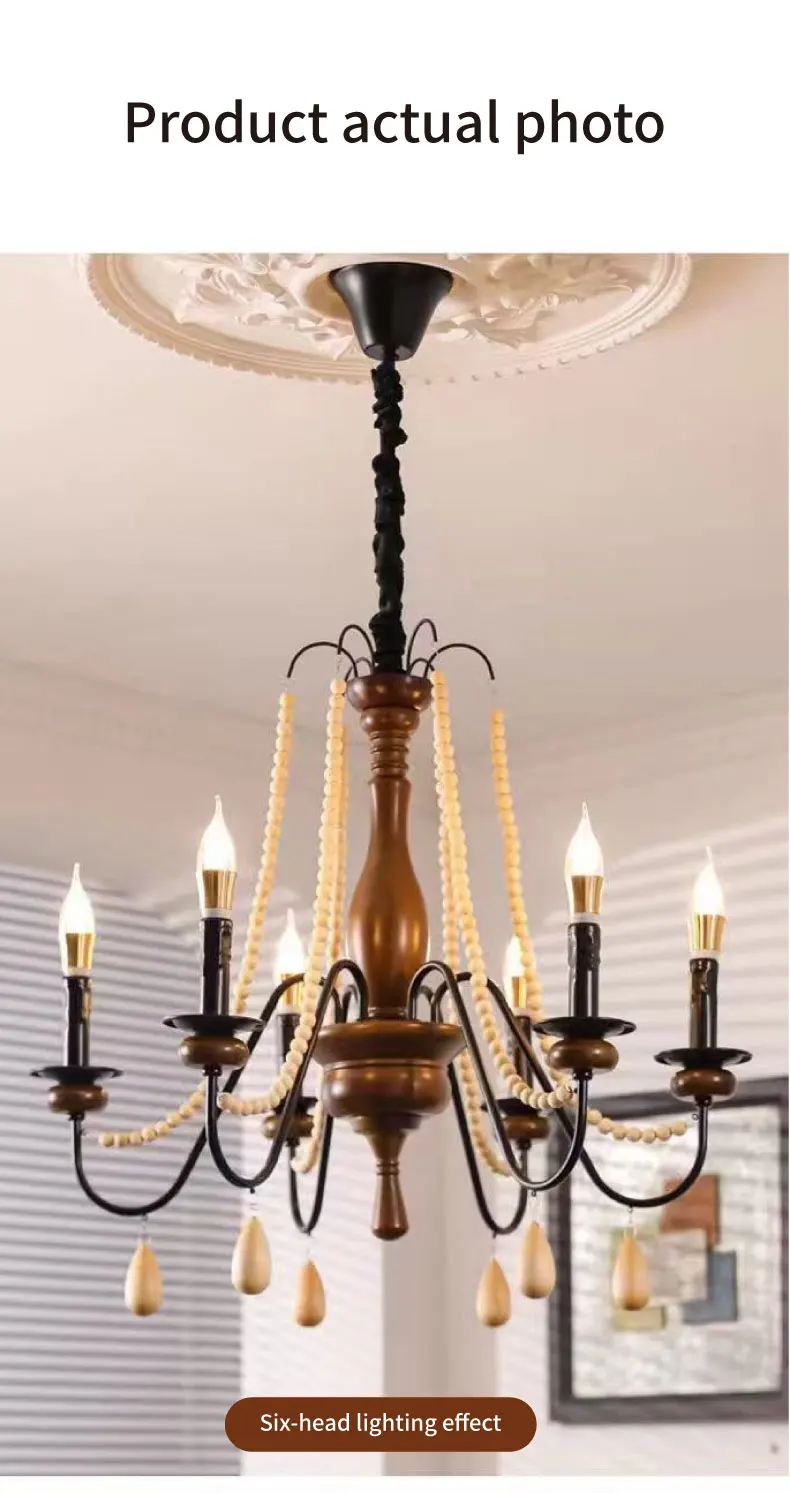 American Retro Wood Candle E27 Chandelier French