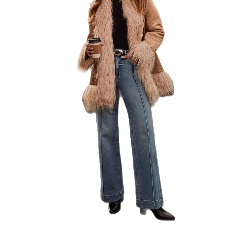 Damskie spodnie w stylu europejskim i amerykańskim, nowe, elastyczne, z szerokimi nogawkami, modne i eleganckie jeansy.