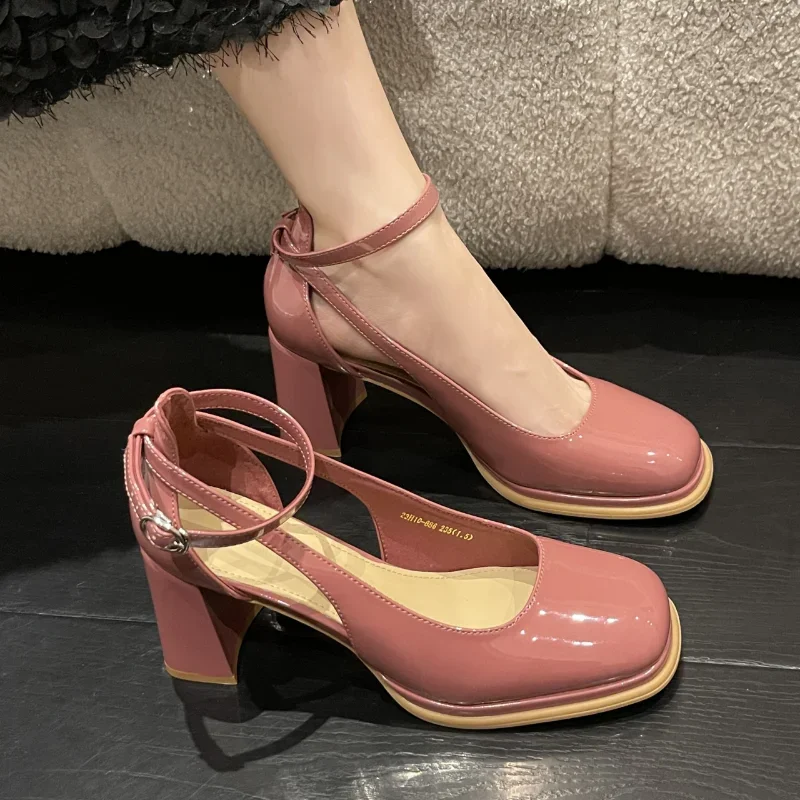 Women New Pumps  Round Toe Shoes Ladies Thick High Heel Shoes Female Spring Summer Fashion Genuine Leather Shoes