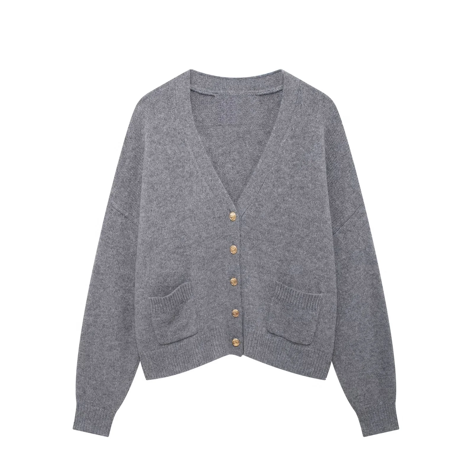 Tangada 2024 Women Elegant Gray Cardigan Sweaters Buttons Long Sleeve Female Crop Jumper 3H0821