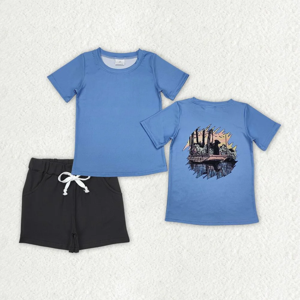 Wholesale Toddler Short Sleeves Ducks Dogs Shirt Kids Cotton Pocket Shorts Children Embroidery Summer Sets Baby Boy Outfit