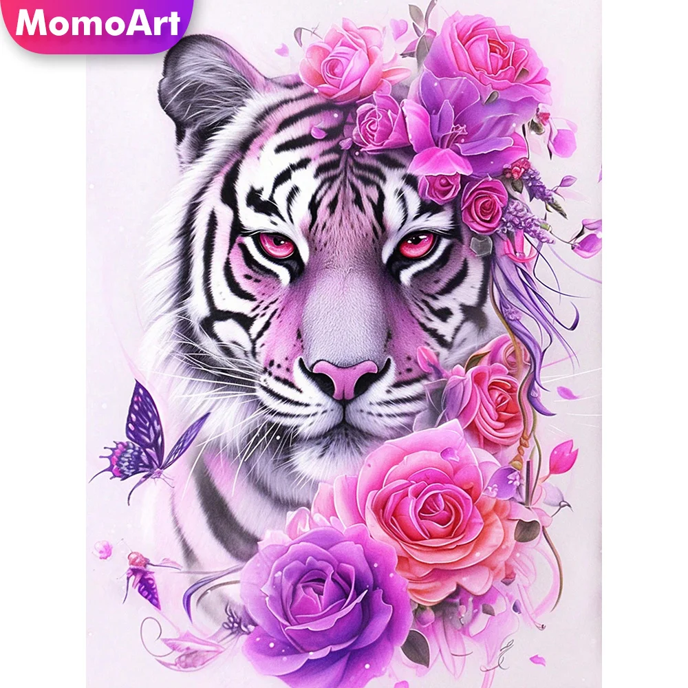 Momoart New Arrival Diamond Embroidery Tiger Animal Rhinestones Painting Rose Needlework DIY Mosaic Handicraft Wall Art