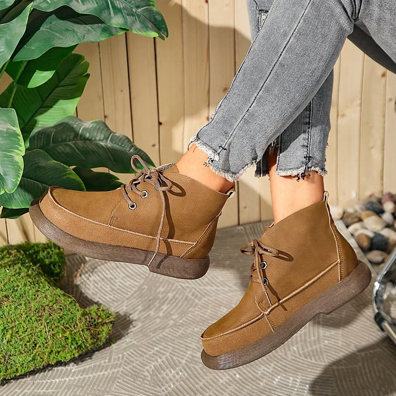

New Style Fashion Women's Boots Cowhide Thick-soled Non-slip Natural Leather Soft Luxury Single Short Boots Wide Barefoot Shoes