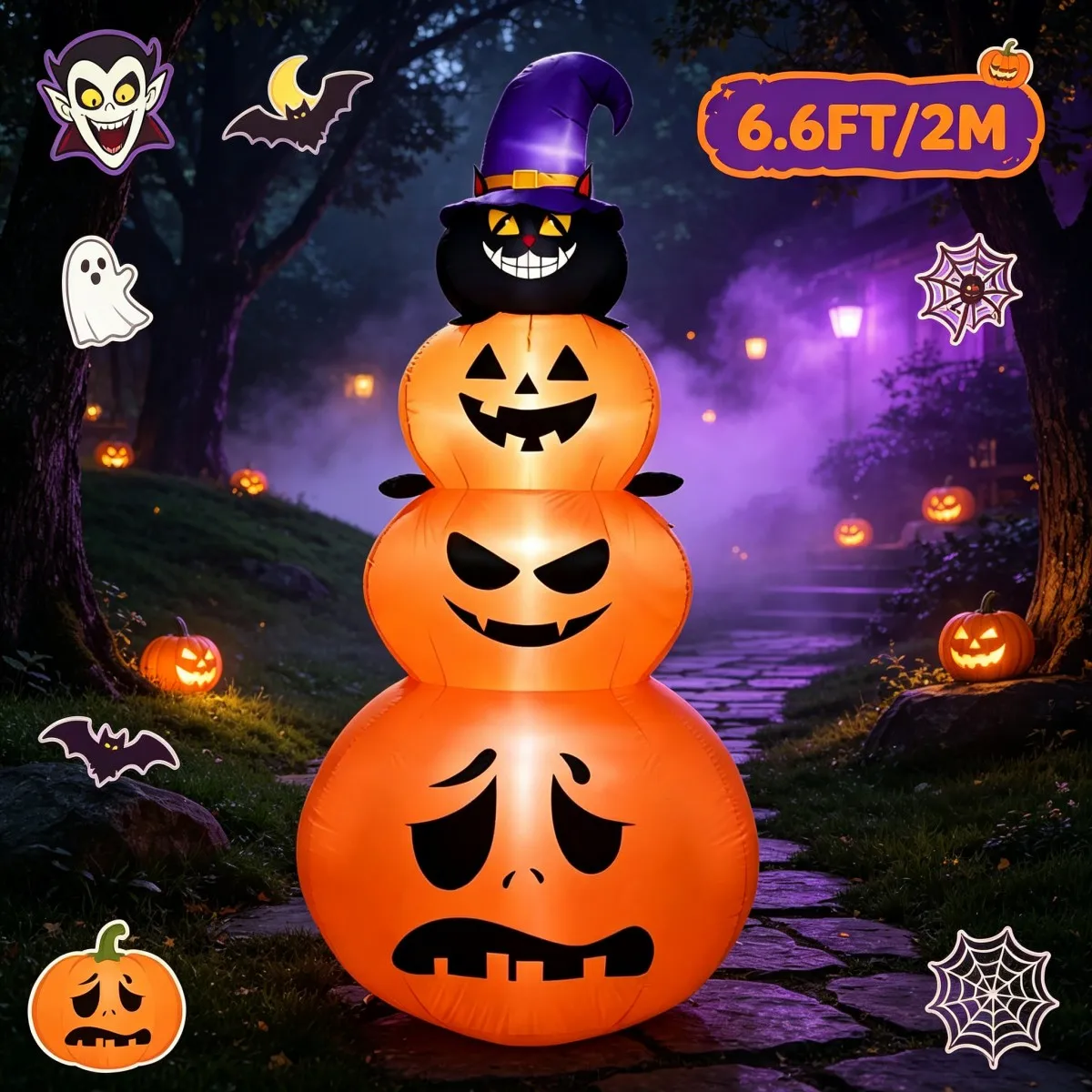 Outdoor Holiday Decorations Halloween Inflatable Stack Pumpkin Black Cat LED For Backyard Outside Display