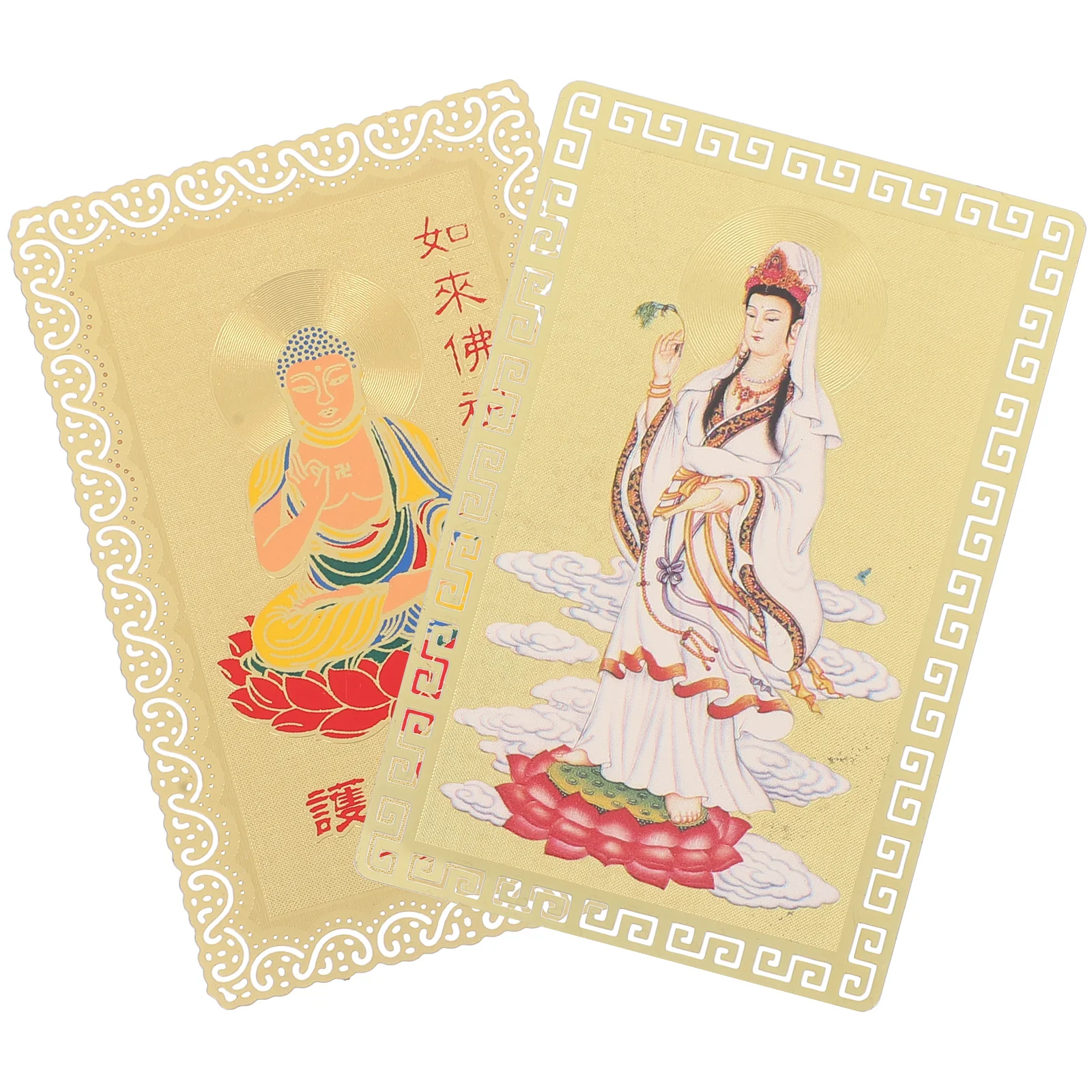 2Pcs Chinese Amulet Card Guanyin Image Metal Traditional Fortune Card Decorative Protection Amulet for Home Car