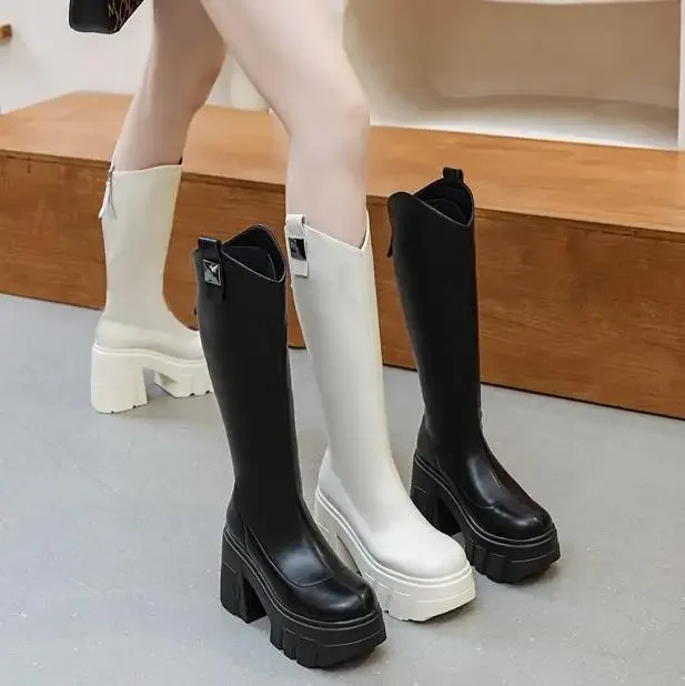 Bottes en cuir au genou pour femmes, microcarence, chaud, mode britannique, fermeture éclair, rinçage, printemps, plateforme, chaussures compensées, automne, 11cm