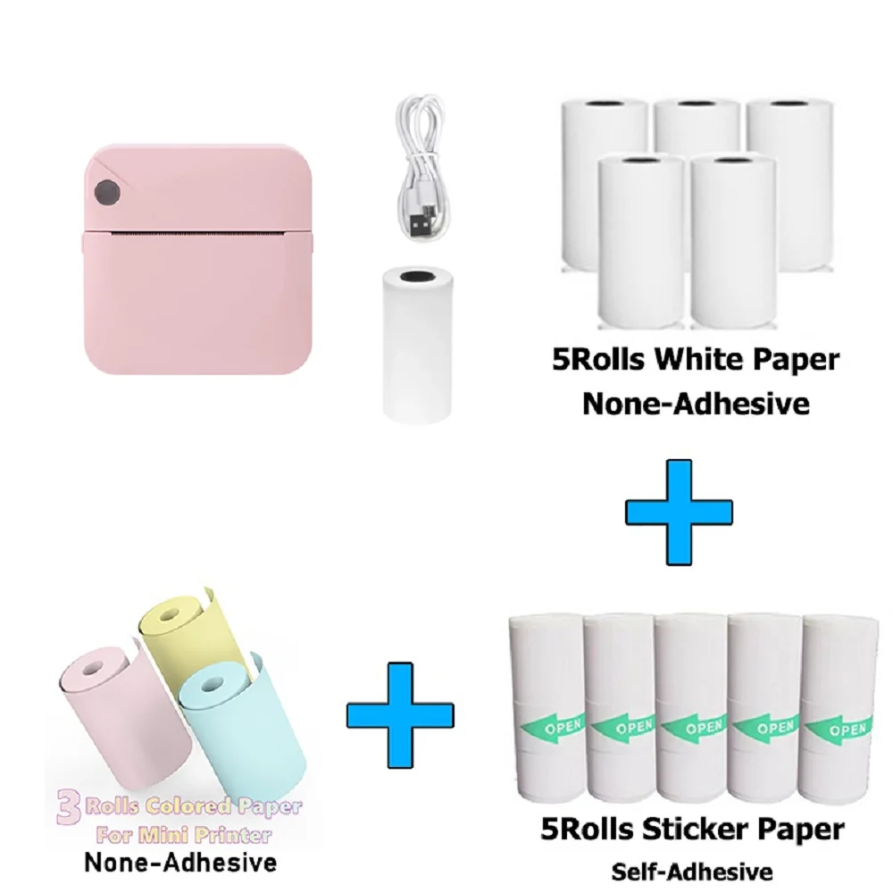 Mini Pocket Printer Mini Sticker Printer Portable for Printer with 13 Roll Papers for Notes, Photos, Stickers, Labels, Receipts