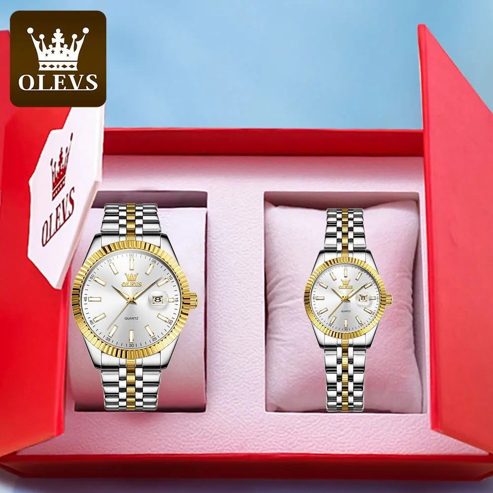 OLEVS-Montre-bracelet en acier inoxydable pour hommes et femmes, montres de couple classiques, montre d'affaires formelle, ensemble d'amoureux, montres-bracelets étanches, 5593