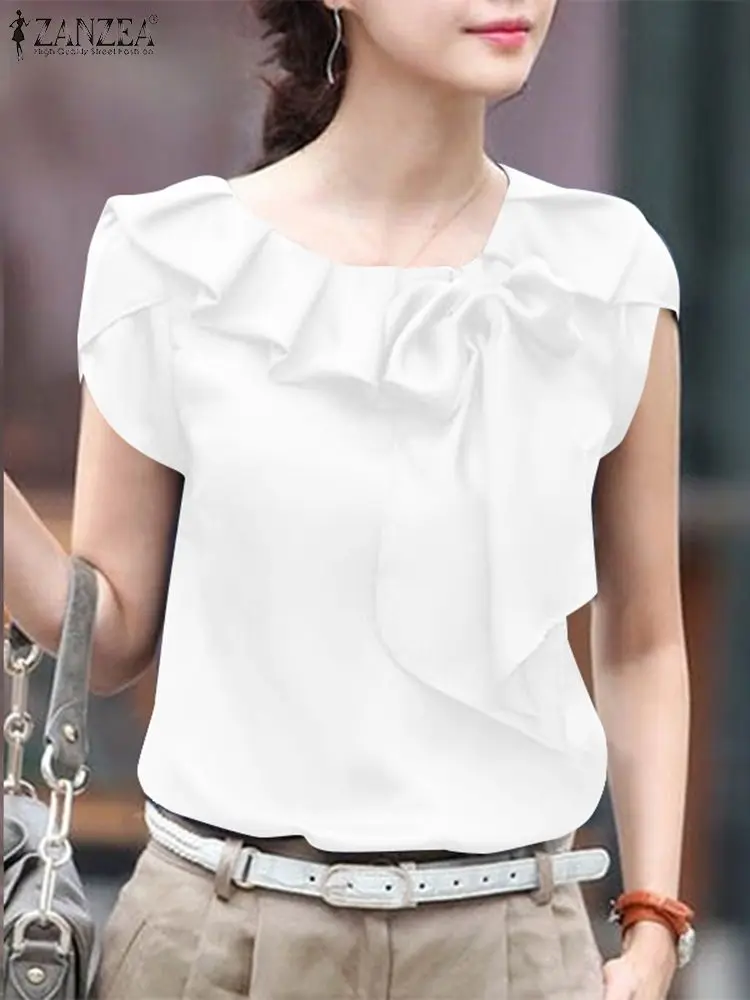 ZANZEA Women Short Sleeve Blouse Elegant Round Neck Tunics Office Lady Bowknot Stitching Shirt Casual Loose Solid Twisted Tops