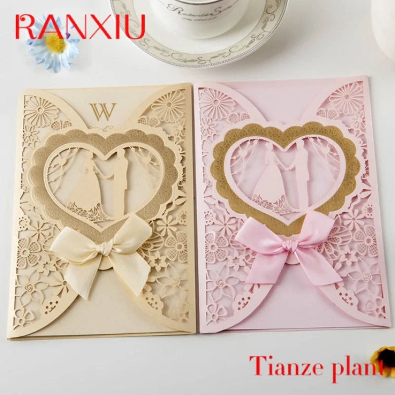 Custom lace heart shape love theme laser cut wedding invitation card